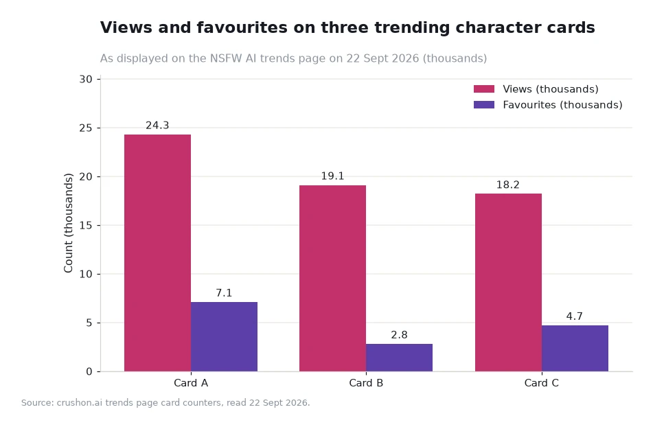 Grouped bars showing views and favourites for three trending character cards